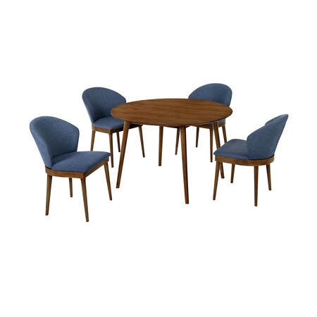 Armen Living Arcadia and Juno 48" Round Blue and Walnut Wood 5 Piece Dining Set SETARDI5JNWABLU48